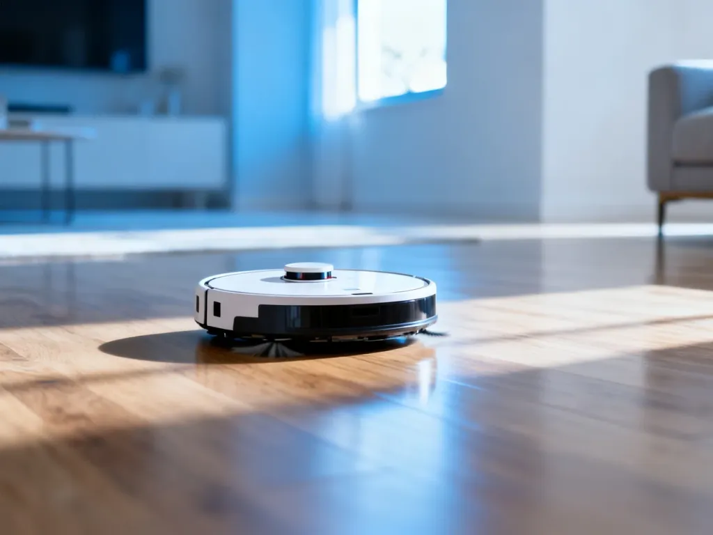 Nowoczesny robot sprzątający poruszający się po czystej drewnianej podłodze w jasnym, minimalistycznym salonie.